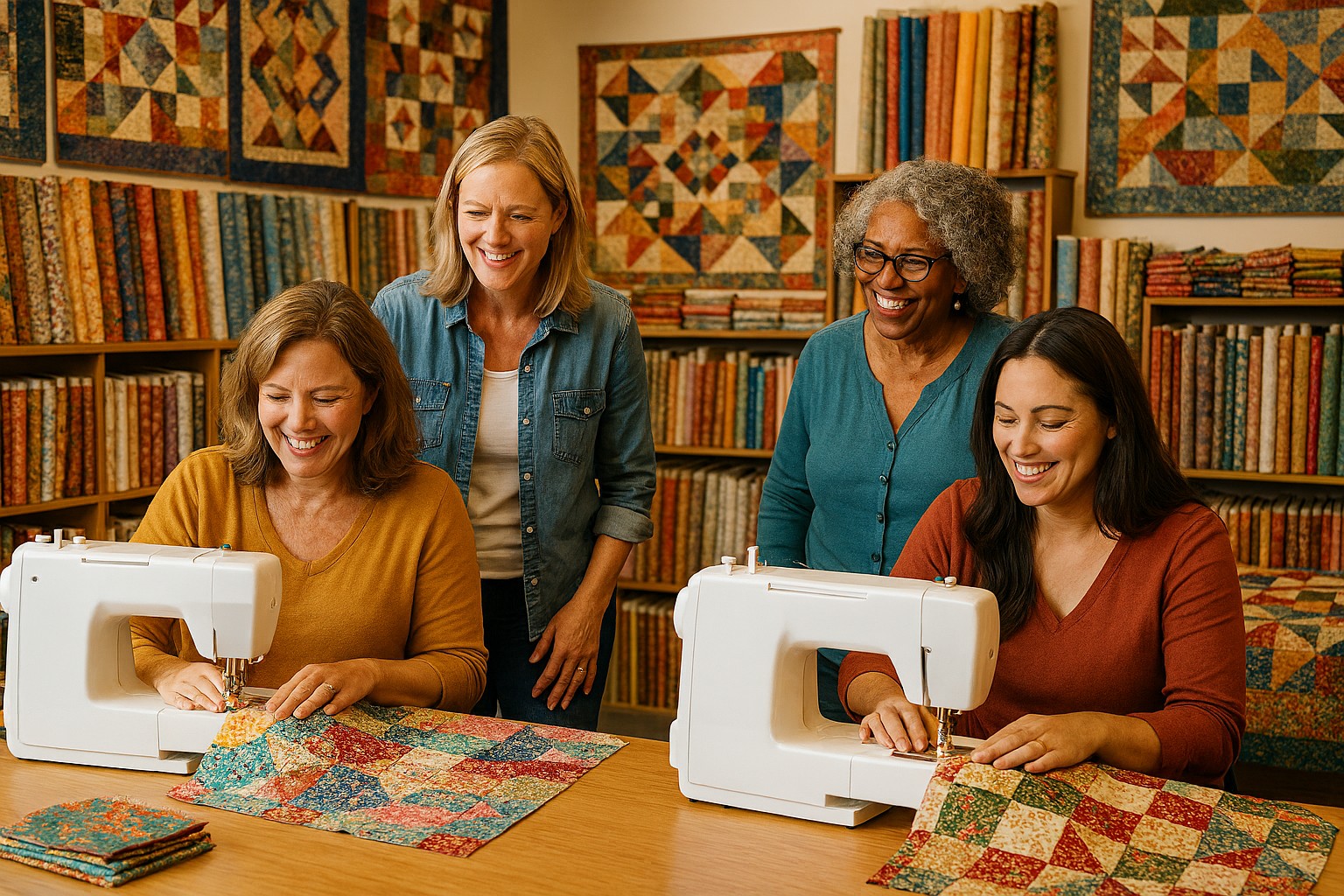 Person sewing blue fabric with machine.