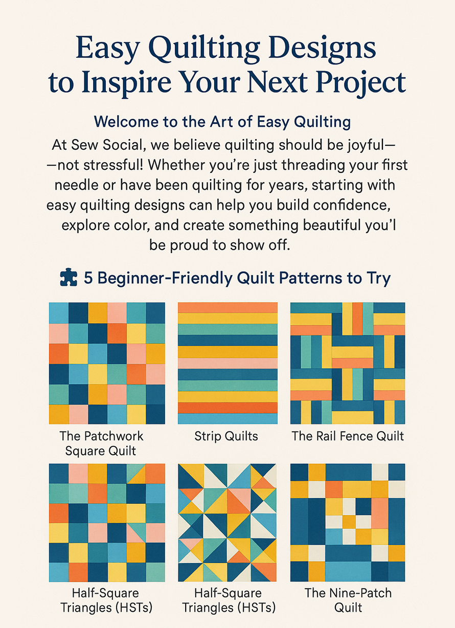 Examples of easy quilting designs including patchwork square, strip quilt, rail fence quilt, and nine-patch quilt