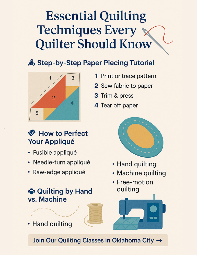 Infographic showing essential quilting techniques including paper piecing, appliqué, and quilting by hand vs machine, with step-by-step visuals and a call to join quilting classes in Oklahoma City