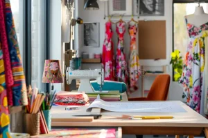 modern-sewing-studio-filled-bright-fabrics-dress-patterns-designer-sketching-new-fashion-ideas-machine-hums-338807830